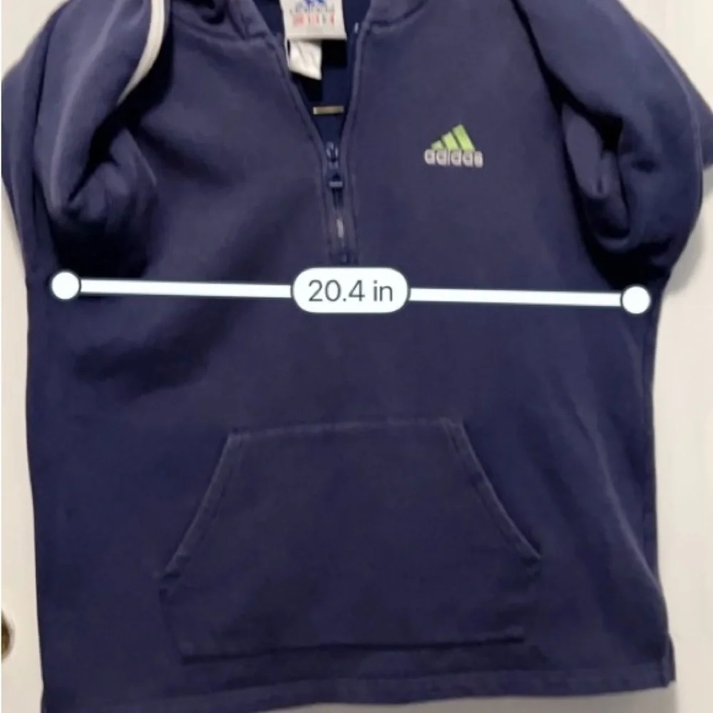 COPY - Vintage Navy Adidas 1/4 zip Hoodie with lime green logo. Split hem. Sz XL